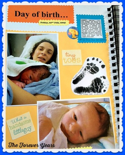 A "day of birth" page in a scrapbook/ visual diary.